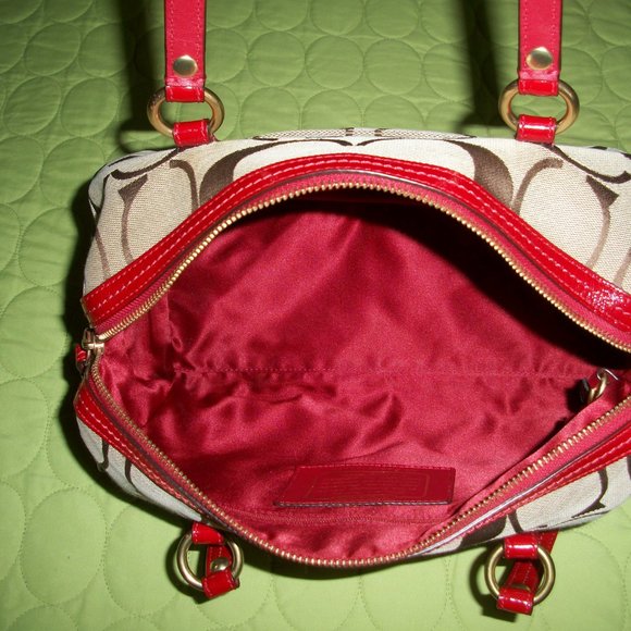 Coach Brown Signature Canvas with Red Patent Leather Bag with Wristlet/Wallet - Picture 14 of 16